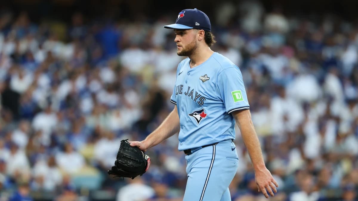 Toronto Blue Jays pitcher Trey Yesavage (39) walks off the mound after the second inning against the Los Angeles Dodgers during game five of the 2025 MLB World Series at Dodger Stadium.