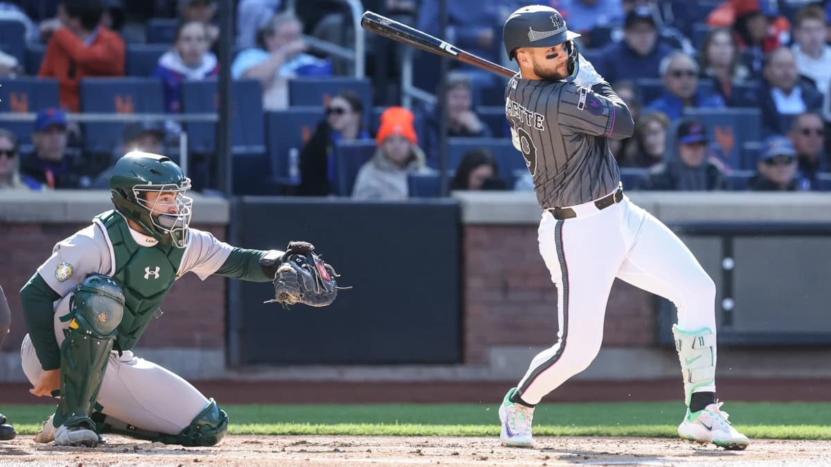 New York Mets third baseman Bo Bichette (19) hits an RBI single in the first inning against the Athletics at Citi Field.