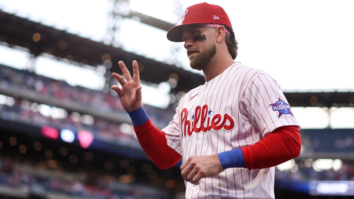 Philadelphia Phillies first baseman Bryce Harper (3) before a game against the Atlanta Braves at Citizens Bank Park.