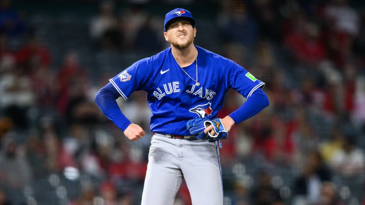 Toronto Blue Jays pitcher Jeff Hoffman (23) reacts after striking out Los Angeles Angels second baseman Adam Frazier (20) during the ninth inning at Angel Stadium.