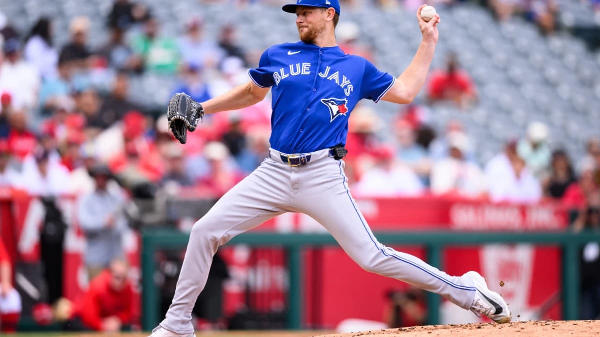 Toronto Blue Jays pitcher Eric Lauer (56) delivers during the first inning against the Los Angeles Angels at Angel Stadium.