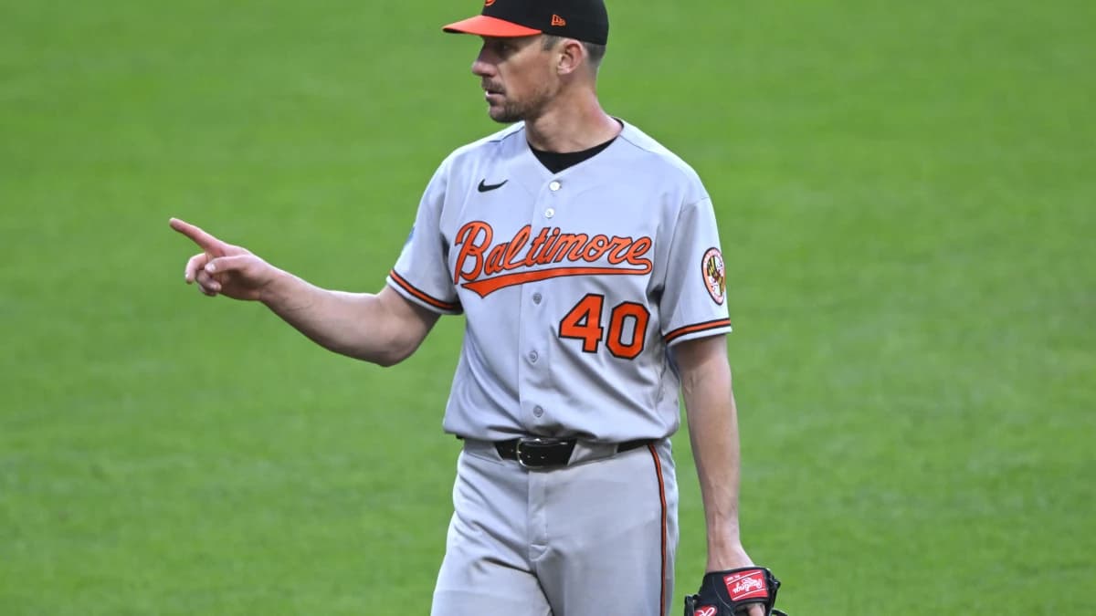 Baltimore Orioles starting pitcher Chris Bassitt (40) reacts in the third inning against the Cleveland Guardians at Progressive Field.
