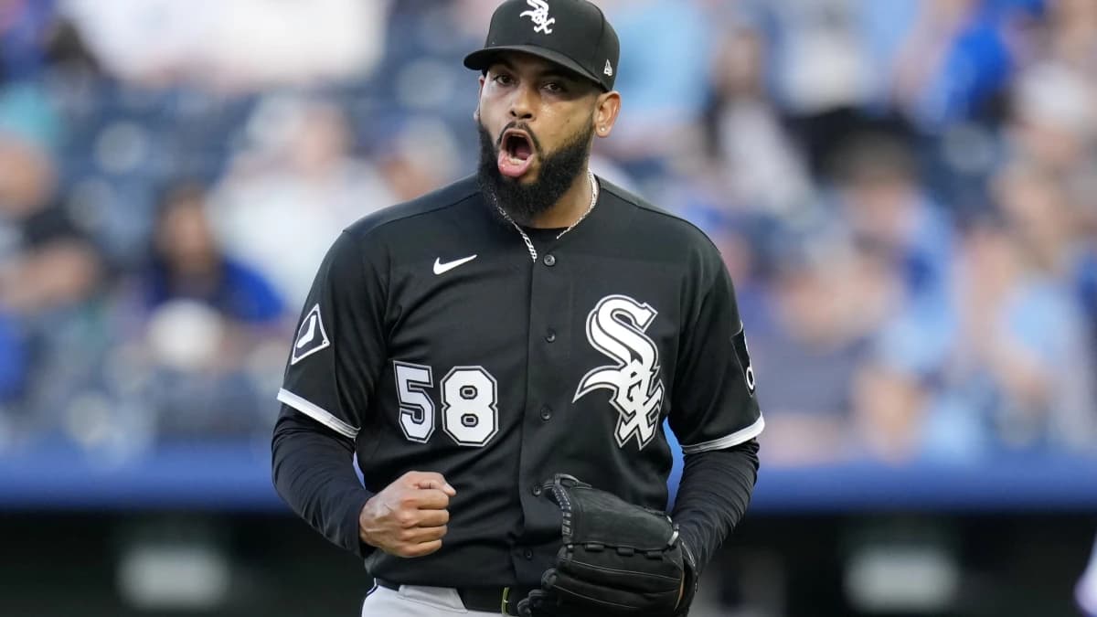 Chicago White Sox pitcher Seranthony Dominguez (58) celebrates after defeating the Kansas City Royals at Kauffman Stadium.