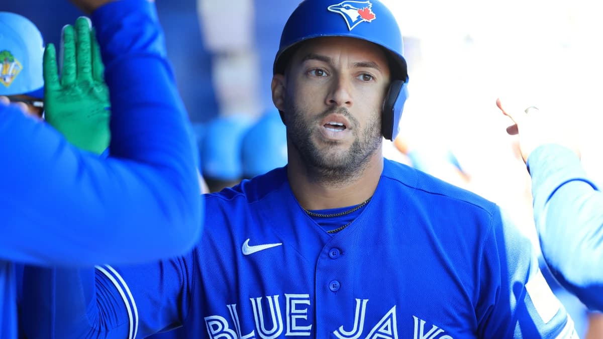Toronto Blue Jays designated hitter George Springer (4) hits a grand slam during the fourth inning against the New York Yankees at TD Ballpark.
