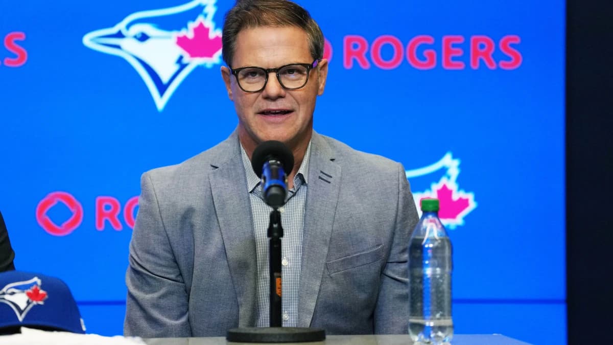 Toronto Blue Jays general manager Ross Atkins speaks to the media during the press conference room at Rogers Centre.