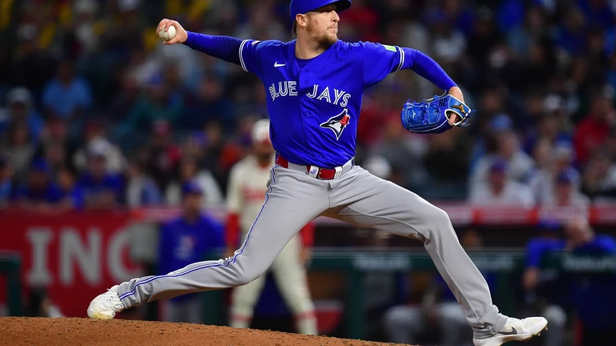 Toronto Blue Jays pitcher Jeff Hoffman (23) throws against the Los Angeles Angels during the ninth inning at Angel Stadium.