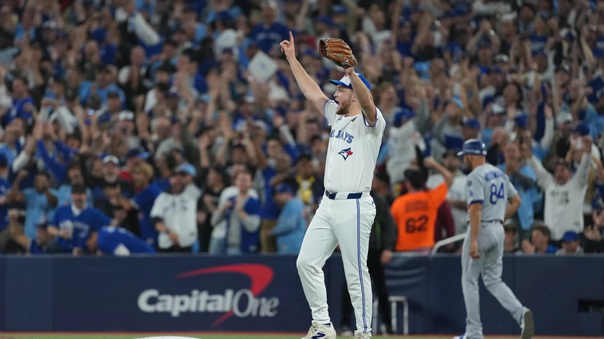 Toronto Blue Jays pitcher Trey Yesavage (39) reacts in the seventh inning against the Los Angeles Dodgers for game seven of the 2025 MLB World Series at Rogers Centre.