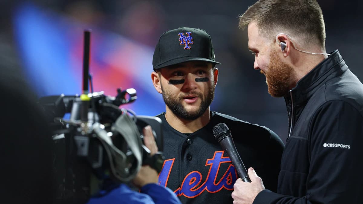 New York Mets shortstop Bo Bichette (19) is interviewed after defeating the Minnesota Twins at Citi Field.