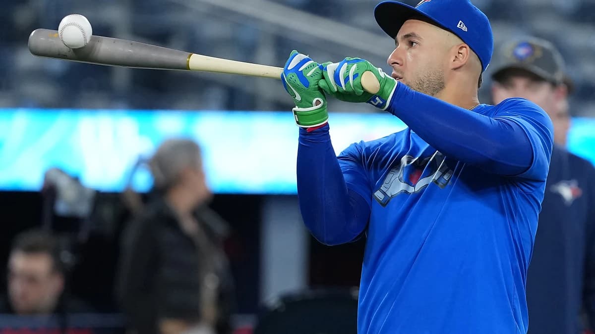 Toronto Blue Jays right fielder George Springer (4) gets ready for batting practice before a game against the Cleveland Guardians at Rogers Centre.