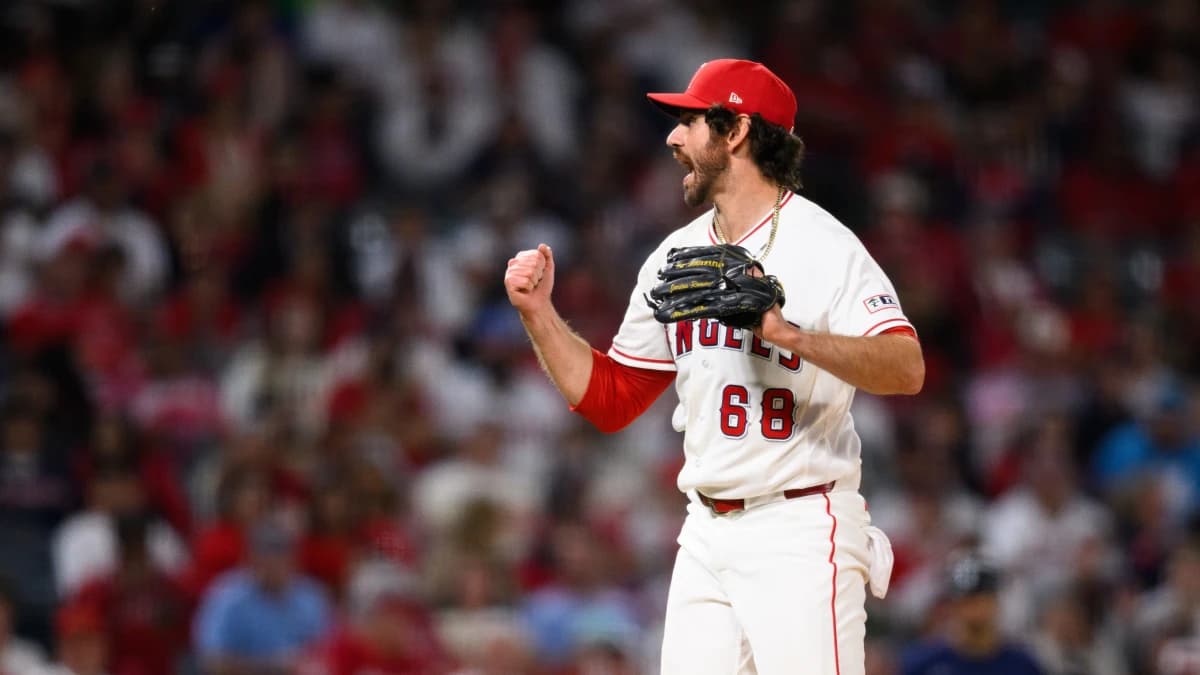 Los Angeles Angels pitcher Jordan Romano (68) gestures during the ninth inning against the Seattle Mariners at Angel Stadium.