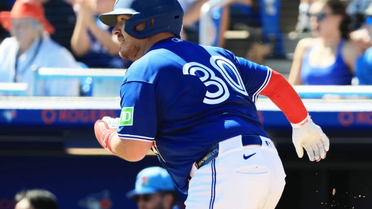 Toronto Blue Jays catcher Alejandro Kirk (30) singles during the first inning against the Philadelphia Phillies at TD Ballpark.