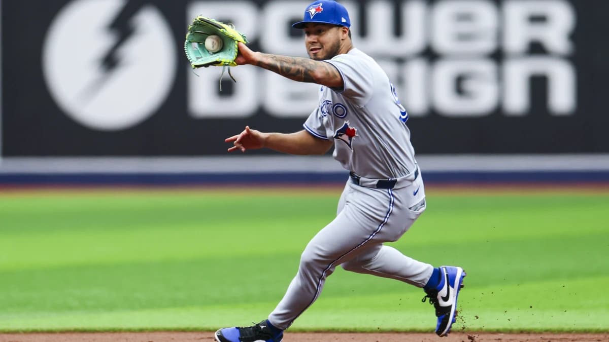 =Toronto Blue Jays second baseman Lenyn Sosa (50) fields the ball against the Tampa Bay Rays in the first inning at Tropicana Field.