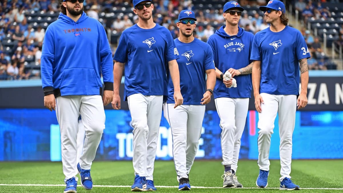 Toronto Blue Jays pitchers (left to right) Alek Manoah and Chris Bassitt and Jose Berrios and Bowden Francis and Kevin Gausman prior to the game against the Oakland Athletics at Rogers Centre.