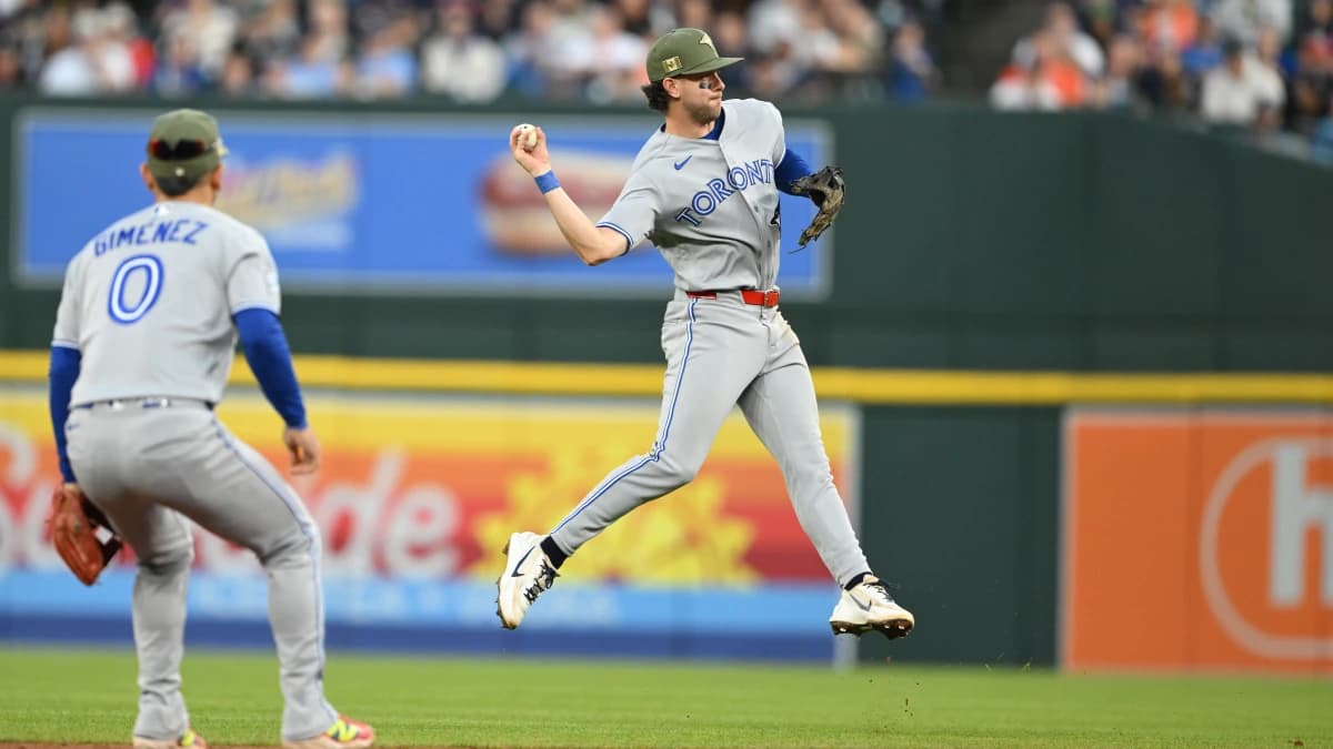 Toronto Blue Jays second baseman Ernie Clement (22) makes a jump throw to first base on a ground ball off the bat of Detroit Tigers catcher Dillon Dingler (not pictured) in the sixth inning at Comerica Park.