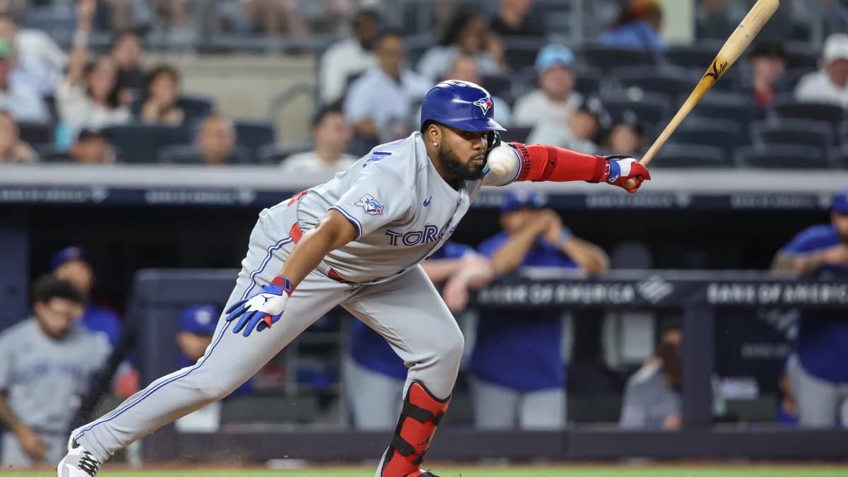 Toronto Blue Jays first baseman Vladimir Guerrero Jr. (27) watches the ball after hitting it foul in the fourth inning against the New York Yankees at Yankee Stadium.