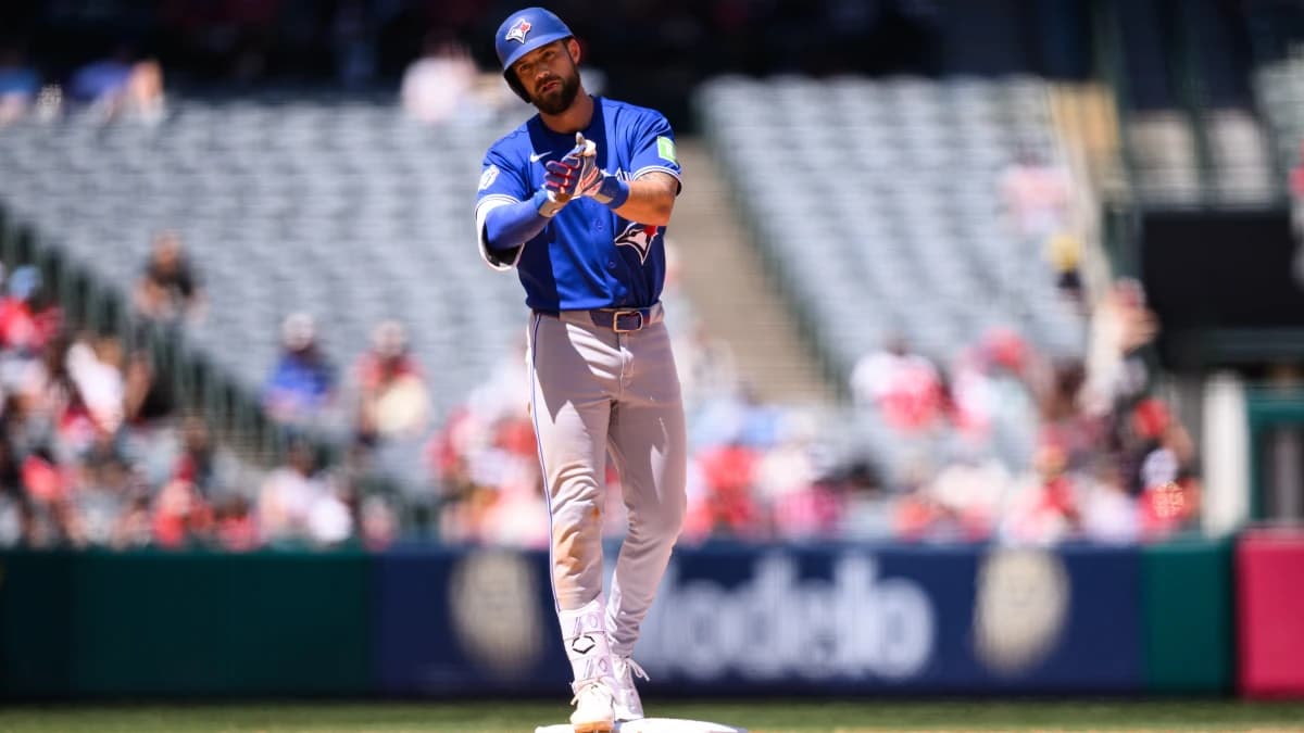 Toronto Blue Jays left fielder Nathan Lukes (38) gestures after hitting an RBI double during the seventh inning against the Los Angeles Angels at Angel Stadium.