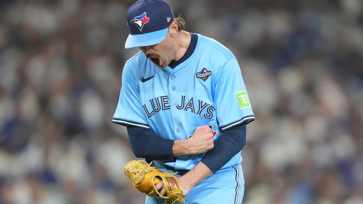 Toronto Blue Jays pitcher Shane Bieber (57) reacts in the fifth inning against the Los Angeles Dodgers during game four of the 2025 MLB World Series at Dodger Stadium.