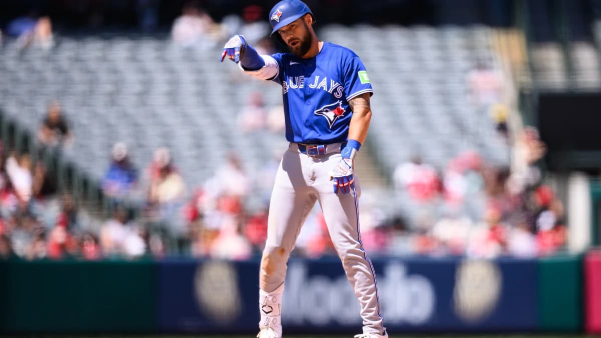 Toronto Blue Jays left fielder Nathan Lukes (38) gestures after hitting an RBI double during the seventh inning against the Los Angeles Angels at Angel Stadium.