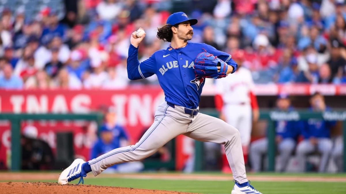 Toronto Blue Jays pitcher Dylan Cease (84) delivers during the first inning against the Los Angeles Angels at Angel Stadium.