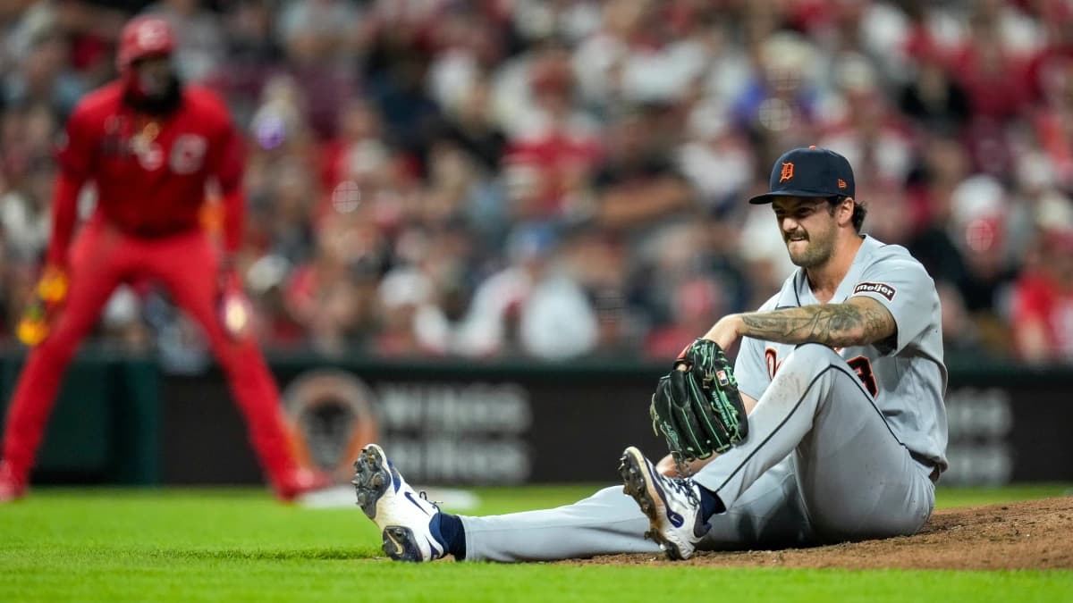 Detroit Tigers pitcher Connor Seabold (43) goes down with an injury before leaving the game in the sixth inning of the MLB Interleague game between the Cincinnati Reds and the Detroit Tigers at Great American Ball Park in downtown Cincinnati on Saturday, April 25, 2026. The Reds won the second game of the series, 9-2.