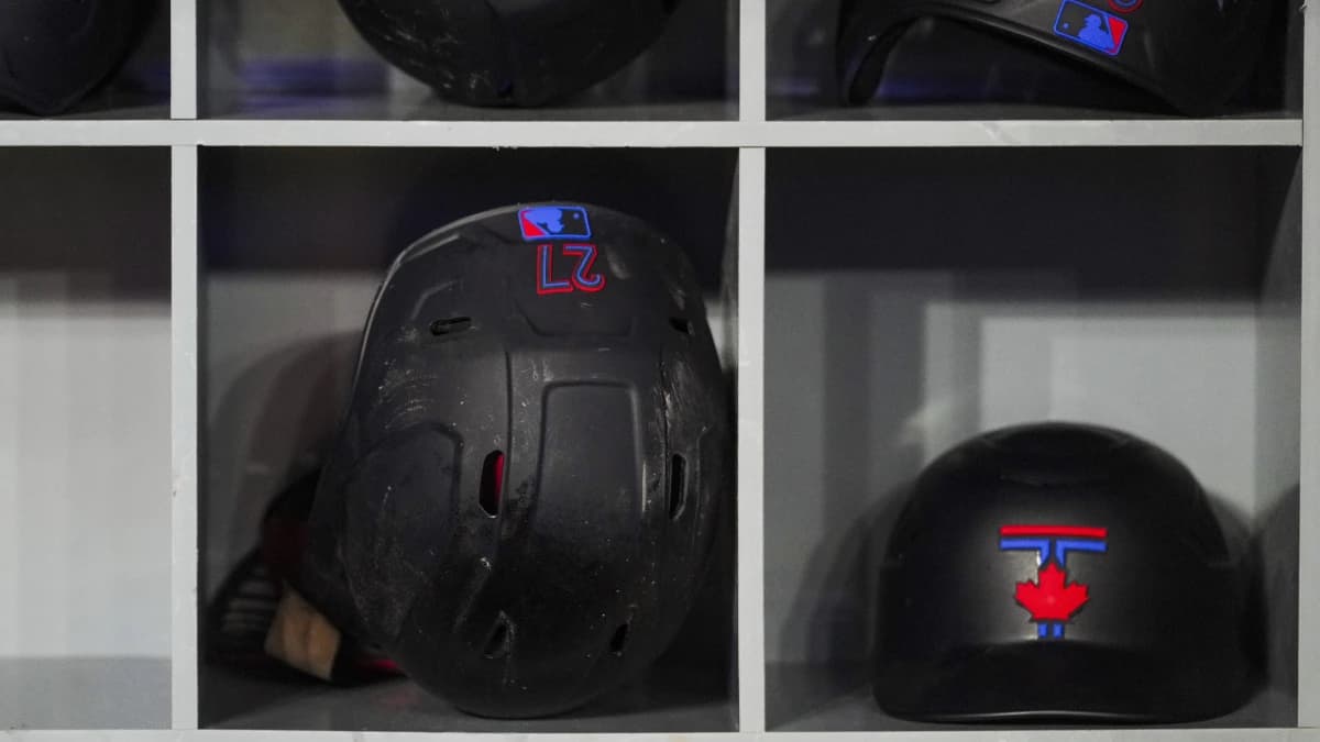 The City Connect helmet of Toronto Blue Jays first baseman Vladimir Guerrero Jr. (27) rests in the dugout before a MLB game against the Cleveland Guardians at Rogers Centre.