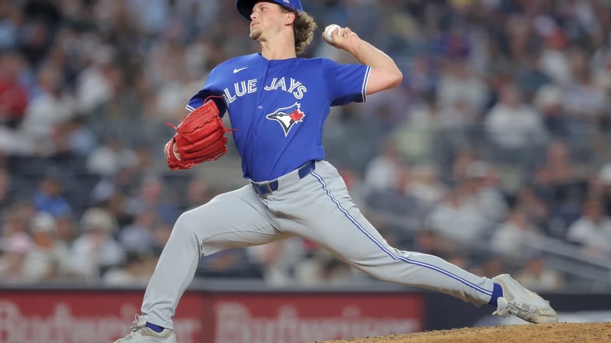 Toronto Blue Jays relief pitcher Adam Macko (64) pitches against the New York Yankees during the sixth inning at Yankee Stadium. Macko is making his MLB debut.