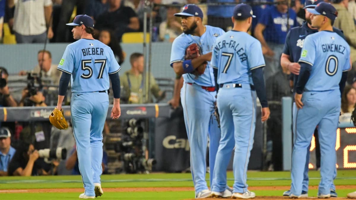 Toronto Blue Jays pitcher Shane Bieber (57) leaves the game during the sixth inning against the Los Angeles Dodgers during game four of the 2025 MLB World Series at Dodger Stadium