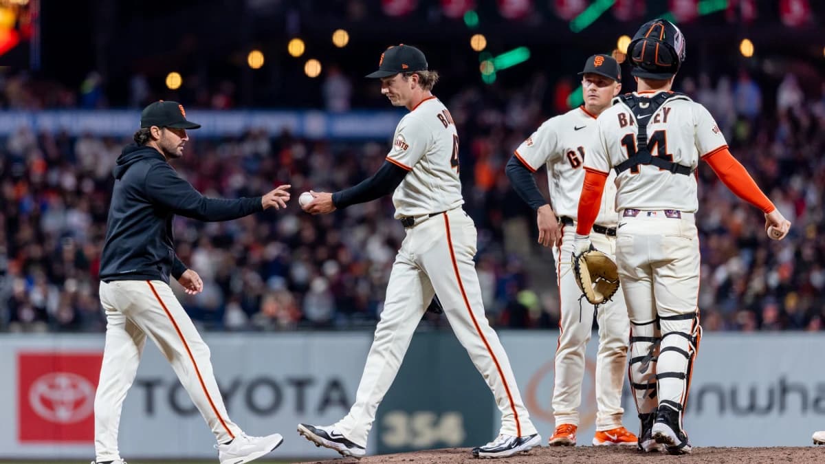 San Francisco Giants pitcher Ryan Borucki (47) is relieved by San Francisco Giants manager Tony Vitello during the seventh inning against the Philadelphia Phillies at Oracle Park.