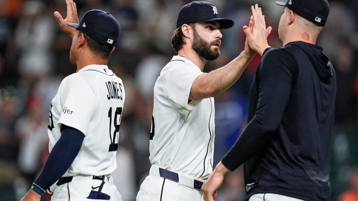 Detroit Tigers pitcher Brenan Hanifee (75), center high-fives pitcher Tarik Skubal (29) to celebrate 4-0 win over Los Angeles Angels at Comerica Park in Detroit on Wednesday, May 27, 2026.