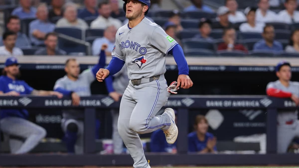 Toronto Blue Jays center fielder Daulton Varsho (5) runs to home in the fourth inning against the New York Yankees at Yankee Stadium.