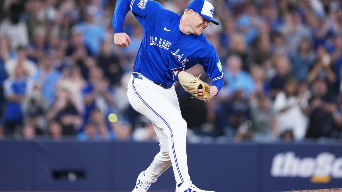 Toronto Blue Jays relief pitcher Tanner Andrews (43) celebrates the win against the Miami Marlins at the end of the ninth inning at the Rogers Centre.