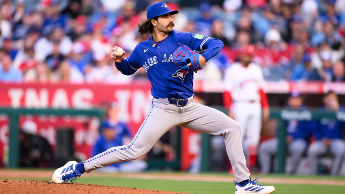Toronto Blue Jays pitcher Dylan Cease (84) delivers during the first inning against the Los Angeles Angels at Angel Stadium.