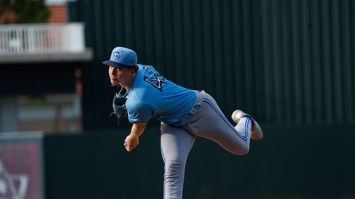 Johnny King, a pitcher for the Dunedin Blue Jays pitches against the Fort Myers Mighty Mussels at Hammond Stadium on Saturday, Aug. 2, 2025. King is a Naples High School alum and two time baseball player of the year.