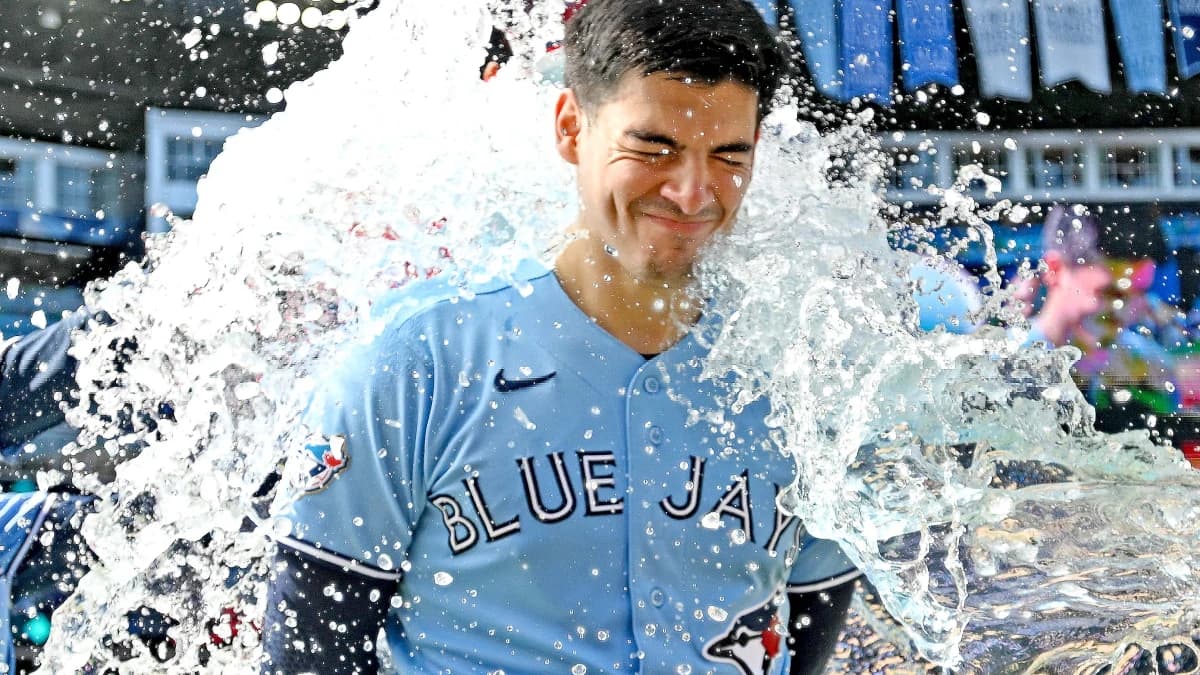 Toronto Blue Jays catcher Brandon Valenzuela (59) is doused in ice water as the Blue Jays celebrate a win over the Baltimore Orioles at Rogers Centre.