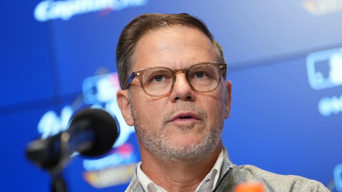 Toronto Blue Jays executive vice president and general manager Ross Atkins speaks to the media before game one of the 2025 MLB World Series against the Los Angeles Dodgers at Rogers Centre.