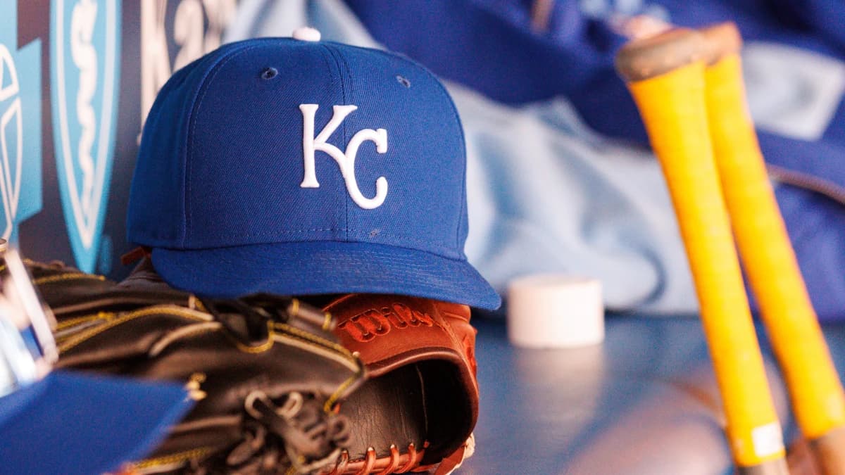 Kansas City Royals hat sits in the dugout during the sixth inning against the Milwaukee Brewers at Kauffman Stadium.