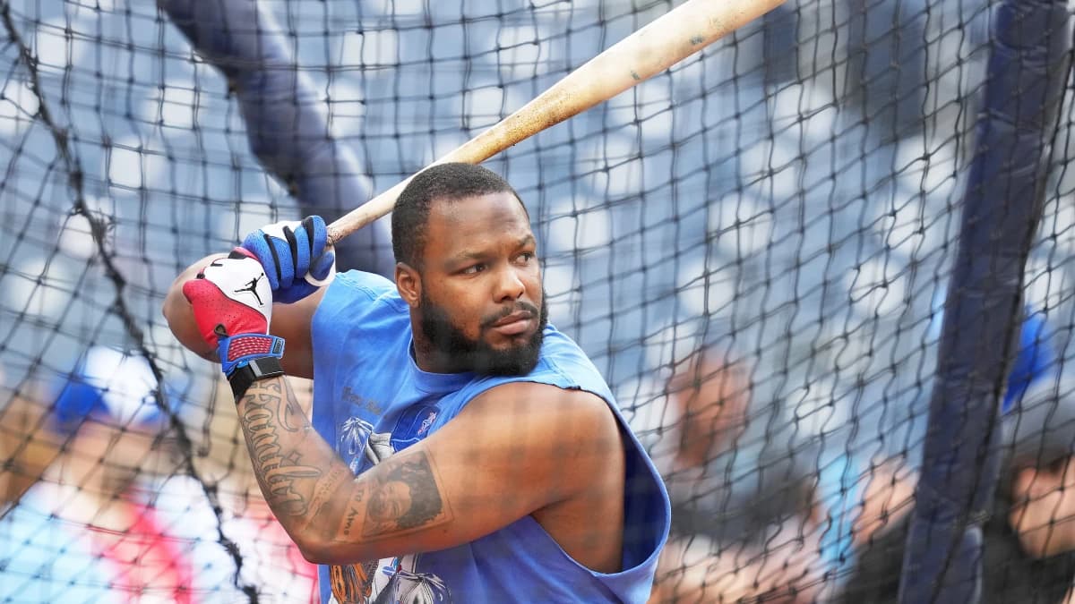Toronto Blue Jays first baseman Vladimir Guerrero Jr. (27) takes batting practice before a game against the New York Yankees at Rogers Centre.