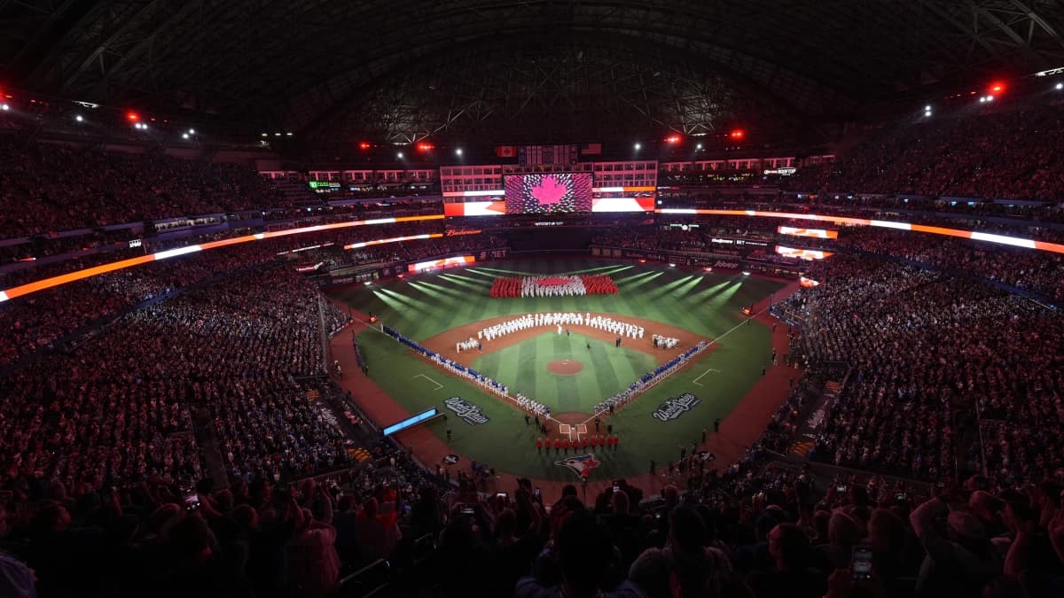 A general view inside the stadium during the national anthems prior to game one of the 2025 MLB World Series between the Los Angeles Dodgers and the Toronto Blue Jays at Rogers Centre.