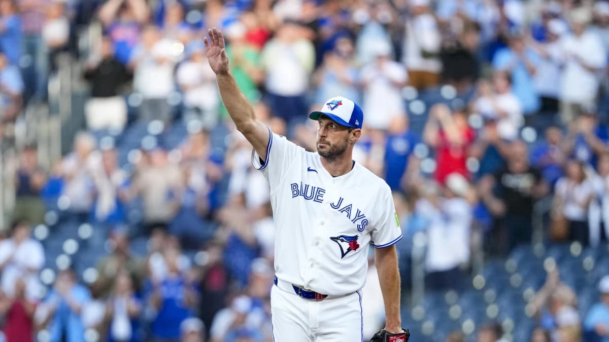 Toronto Blue Jays pitcher Max Scherzer (31) celebrates his career 3500th strike out against the Philadelphia Phillies during the first inning at Rogers Centre.