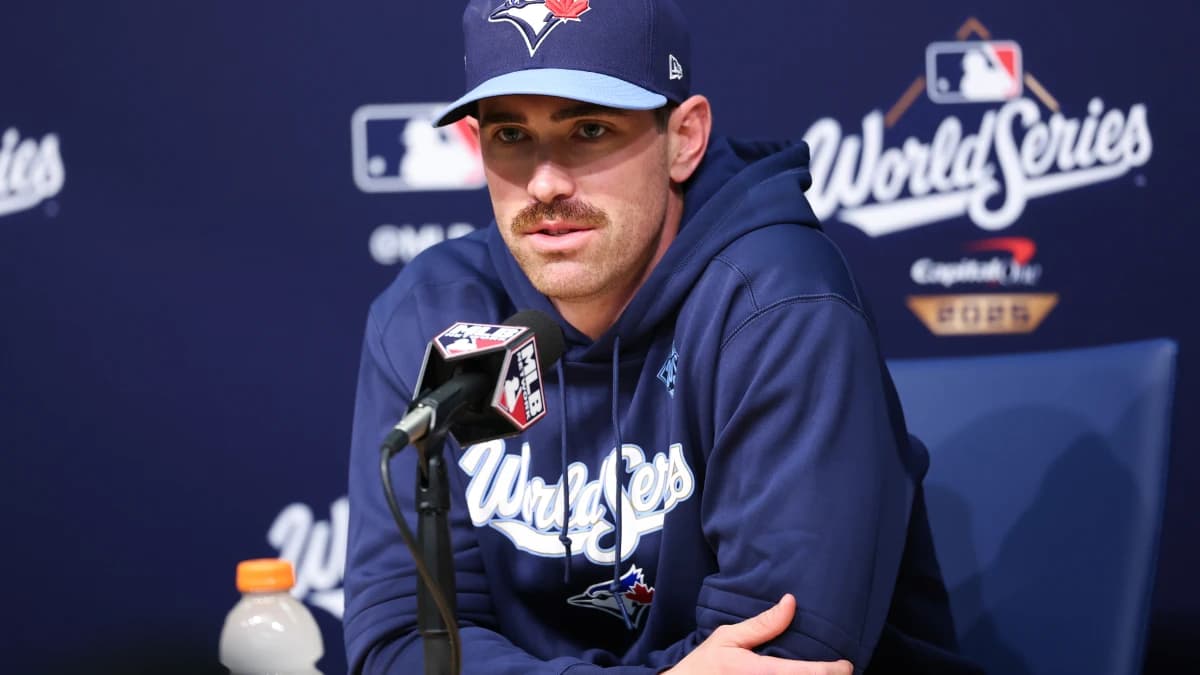 Toronto Blue Jays pitcher Shane Bieber (57) speaks at the postgame press conference after the game against the Los Angeles Dodgers during game four of the 2025 MLB World Series at Dodger Stadium.