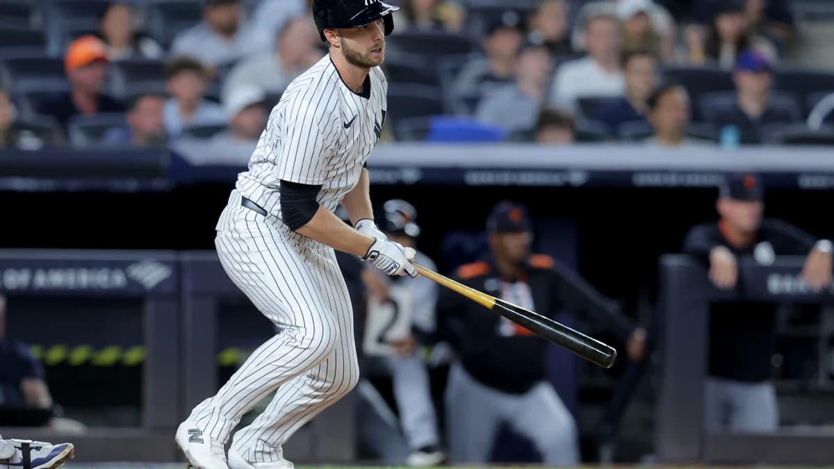 New York Yankees left fielder Austin Slater (29) watches his RBI single against the Detroit Tigers during the fourth inning at Yankee Stadium.