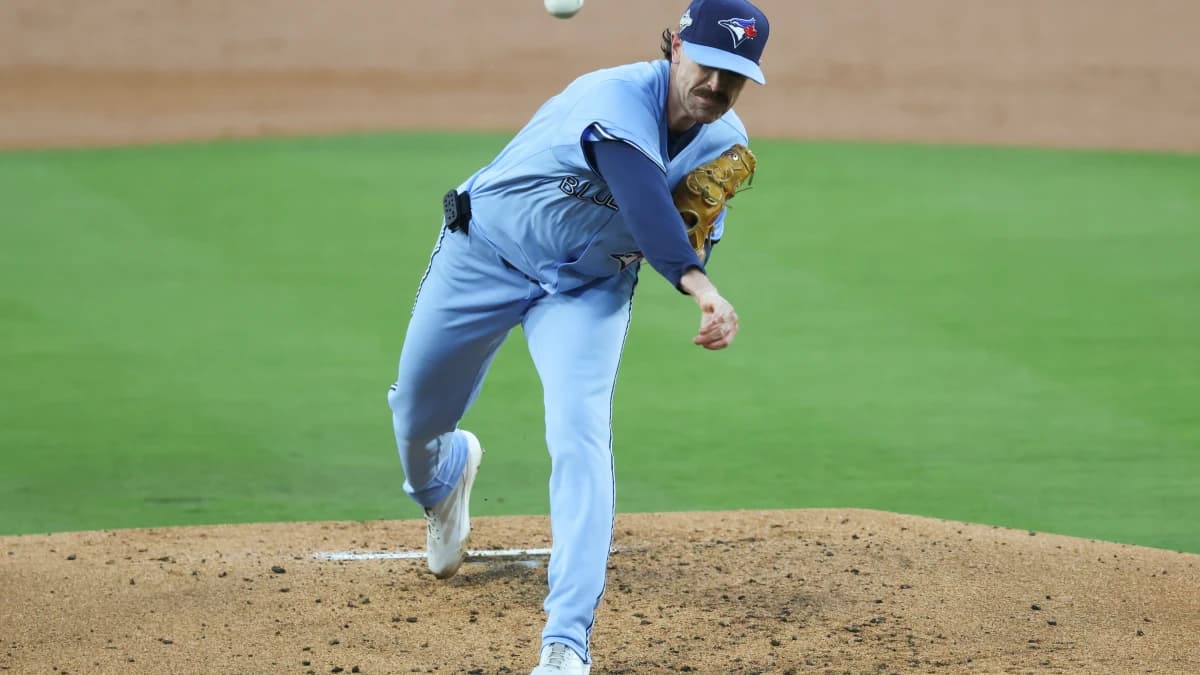Toronto Blue Jays pitcher Shane Bieber (57) pitches during the second inning against the Los Angeles Dodgers during game four of the 2025 MLB World Series at Dodger Stadium.