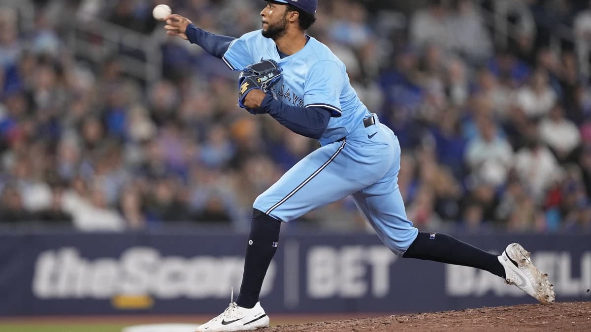 Toronto Blue Jays pitcher Dillon Tate (9) pitches to the Cleveland Guardians during the seventh inning at Rogers Centre.