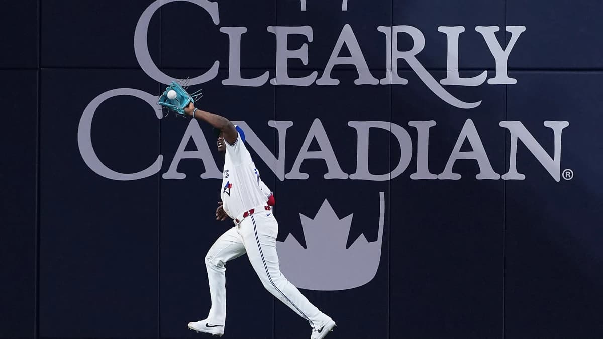 Toronto Blue Jays left fielder Jesus Sanchez (12) catches a fly ball for an out against the Houston Astros during the sixth inning at Rogers Centre