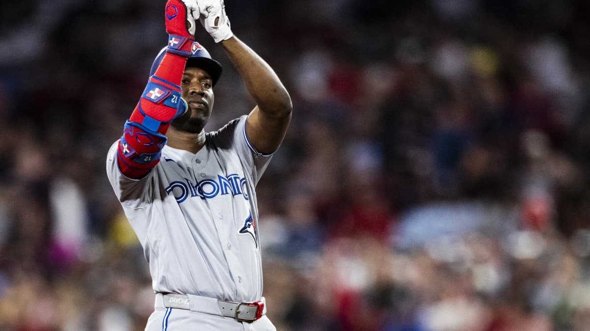 Toronto Blue Jays right fielder Jesus Sanchez (12) reacts on second base after hitting a double in the seventh inning against the Boston Red Sox at Fenway Park.