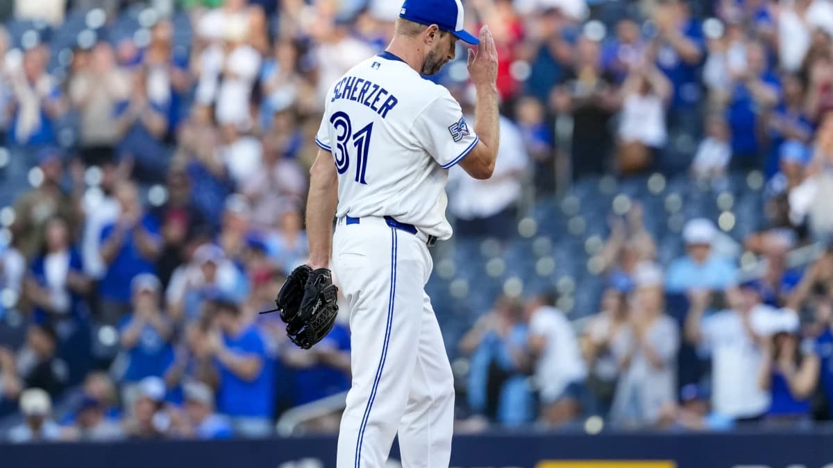 Toronto Blue Jays pitcher Max Scherzer (31) celebrates his career 3500th strike out against the Philadelphia Phillies during the first inning at Rogers Centre.