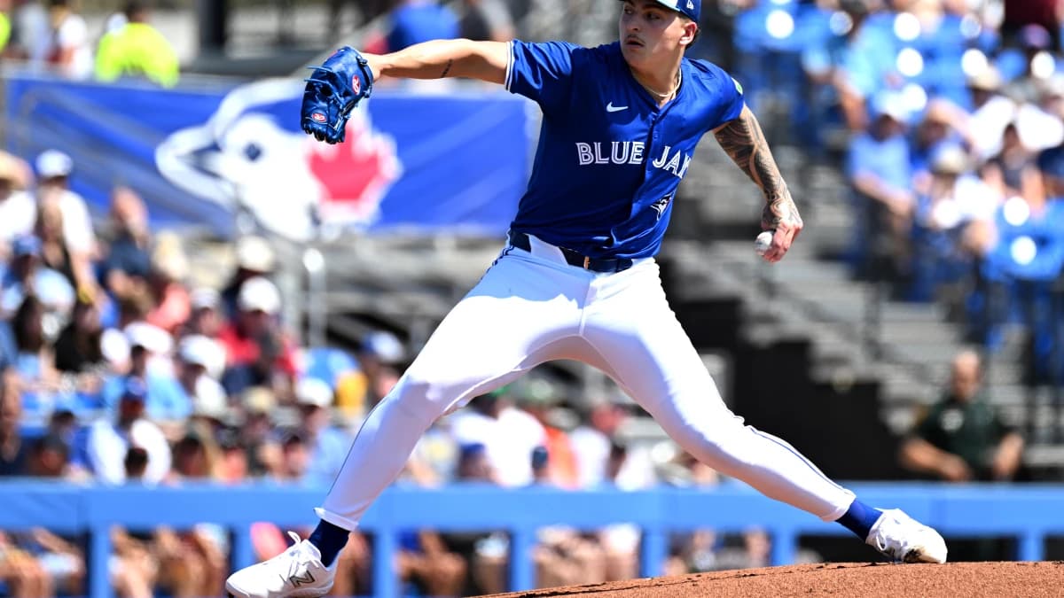 Toronto Blue Jays starting pitcher Ricky Tiedemann (70) throws a pitch in the first inning of a spring training game against the Detroit Tigers at TD Ballpark.