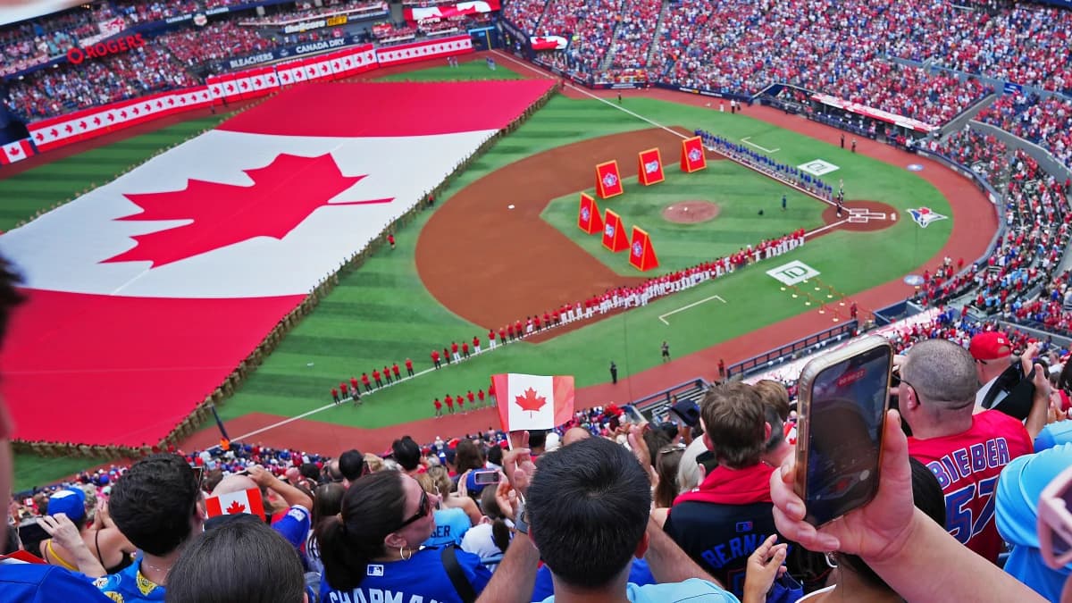 A general view of the fans during the opening ceremonies and Canadian national anthem before the start of a game between the New York Mets and theToronto Blue Jays at Rogers Centre.