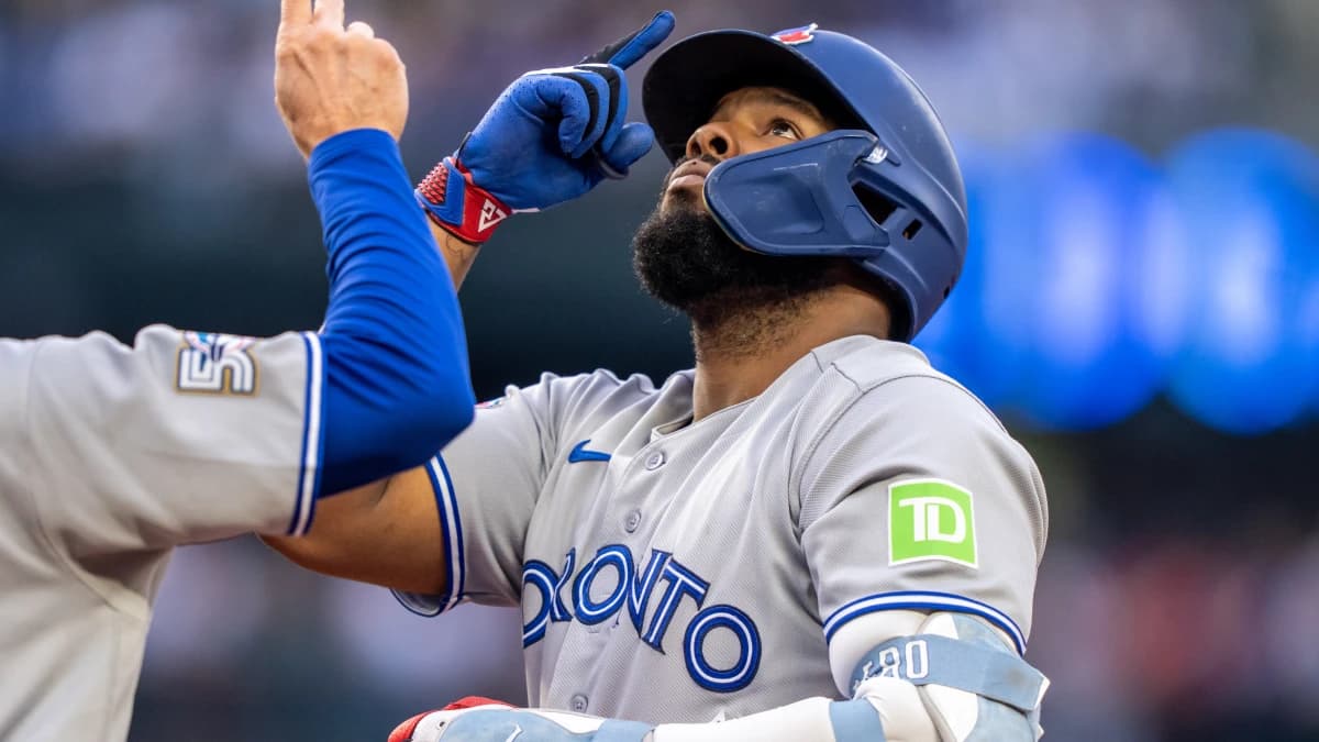 Toronto Blue Jays first baseman Vladimir Guerrero Jr. (27) celebrates at first base after hitting a RBI-single during the third inning against the Seattle Mariners at T-Mobile Park.