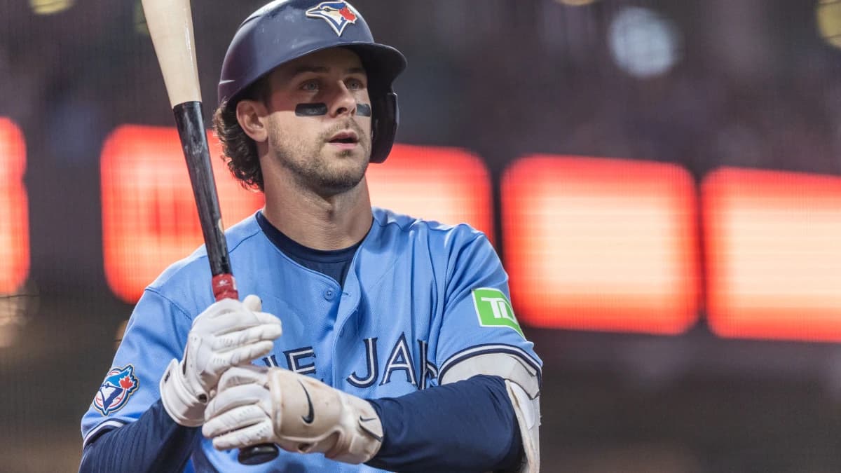 Toronto Blue Jays second baseman Ernie Clement (22) gets ready to bat during the eighth inning against the San Francisco Giants at Oracle